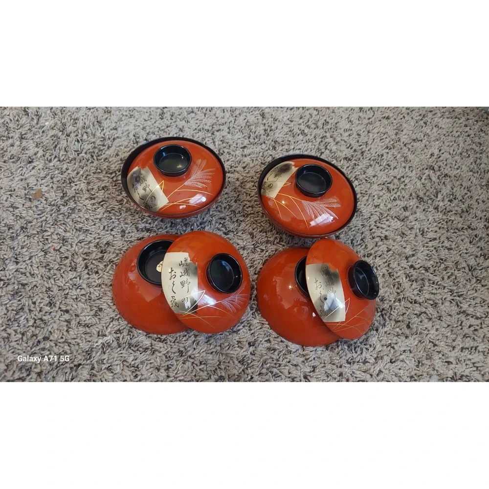 Rice Bowls Set of 4 Japanese Vintage Redish Orange Gold Trim Lids Japanese Words